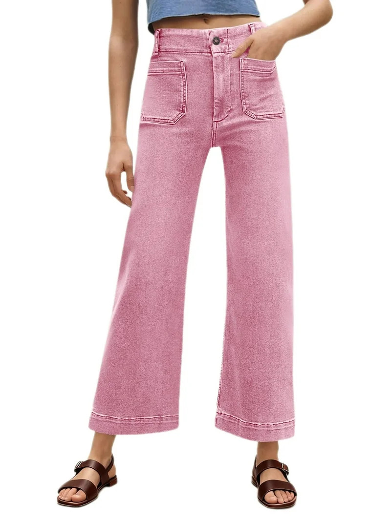 High Waist Women Casual Wide Leg Denim Pants Cropped Baggy Ankle Jeans with Pocket | Walmart (US)