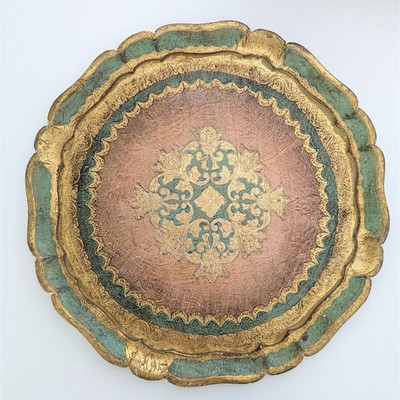 Florentine Round Tray 15.5" Made in Italy Gilt Wood Mint Green Grandmillenial  | eBay | eBay US