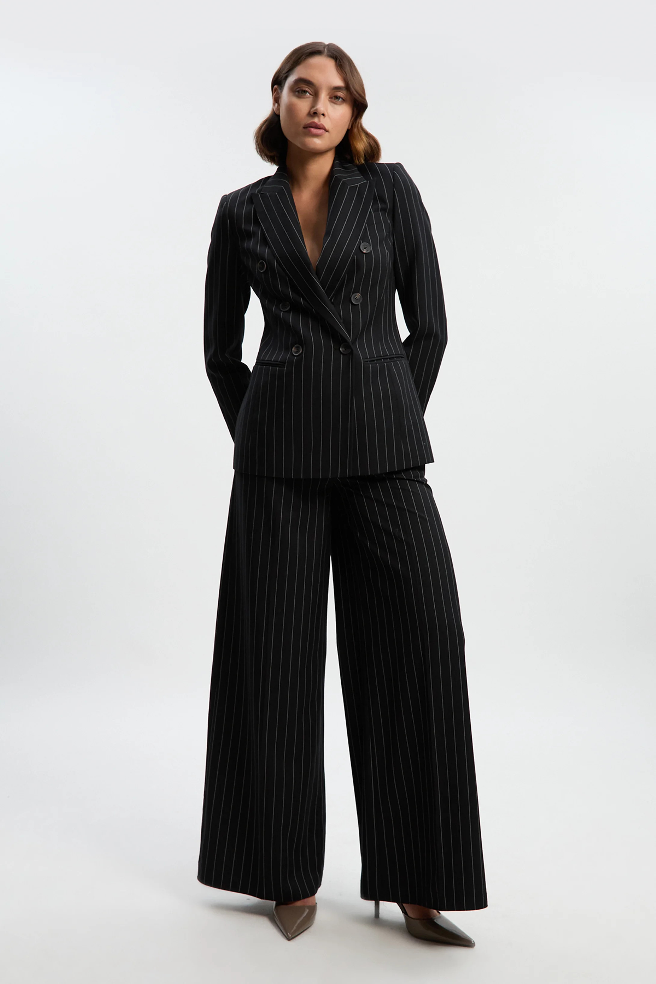 Pinstripe Double Breasted Tailored Blazer | Karen Millen UK + IE + DE + NL
