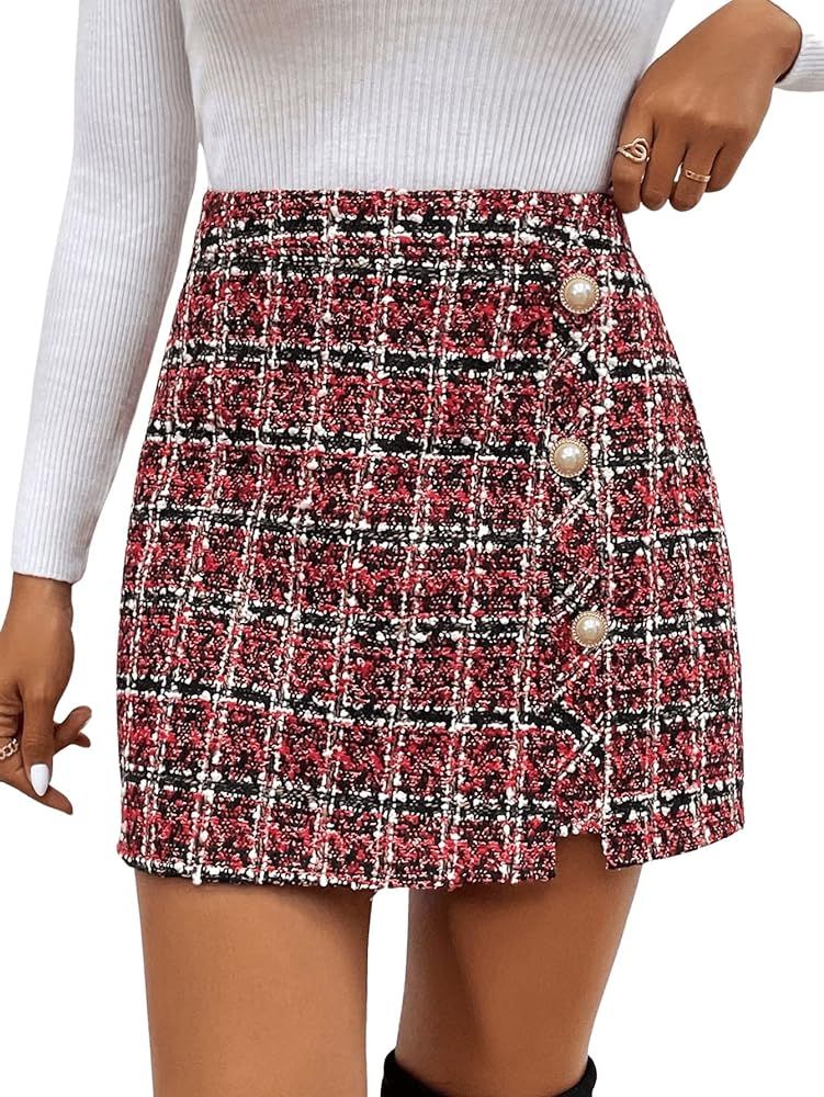 SweatyRocks Women's Elegant High Waist A-line Plaid Tweed Mini Skirt | Amazon (US)