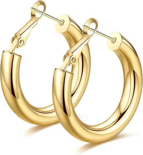 Gold Hoop Earrings for Women Chunky Hoops 14K Gold Plated Thick Hollow Tube Lightweight Earrings ... | Amazon (US)
