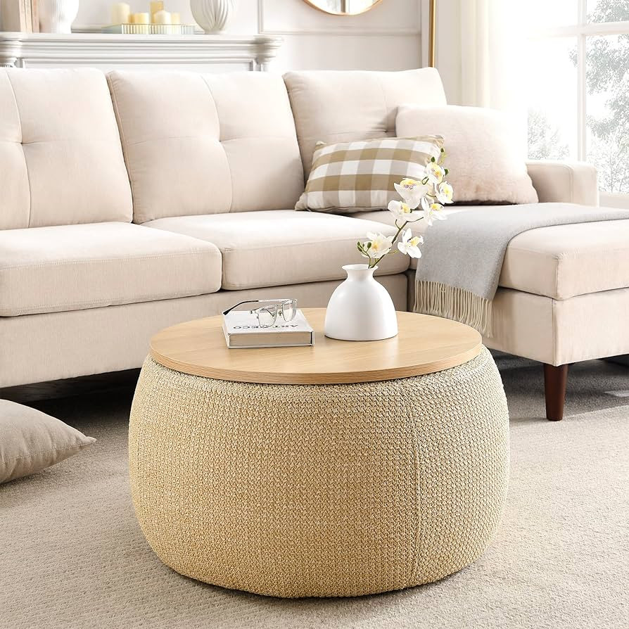 Kakotito Modern Round Storage Ottoman with Wooden Lid,Circle Ottoman Handmade Ottoman Coffee Tabl... | Amazon (US)