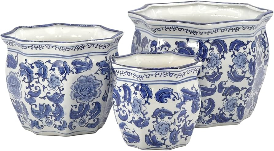 Galt International Blue & White Round Fluted Classic Floral Porcelain Ceramic Plant Flower Plante... | Amazon (US)