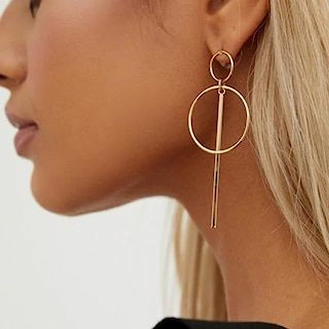 YienDoo Boho Large Bar Hoop Earrings Gold Circle Stick Drop Earrings Vintage Geometric Circle Bar... | Amazon (US)