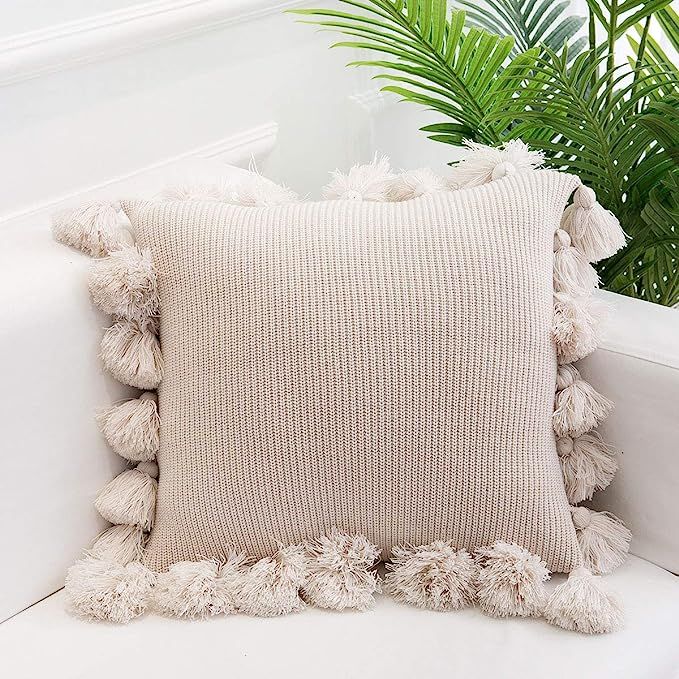 Famibay Knitted Pillow Covers with Pompoms Tassel Boho Striped Cable Knit Throw Pillow Cases Deco... | Amazon (US)