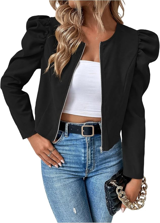 Floerns Women's Elegant Puff Sleeve Zip Up Lightweigth Jacket Outwear Crew Neck Dressy Cropped Ja... | Amazon (US)