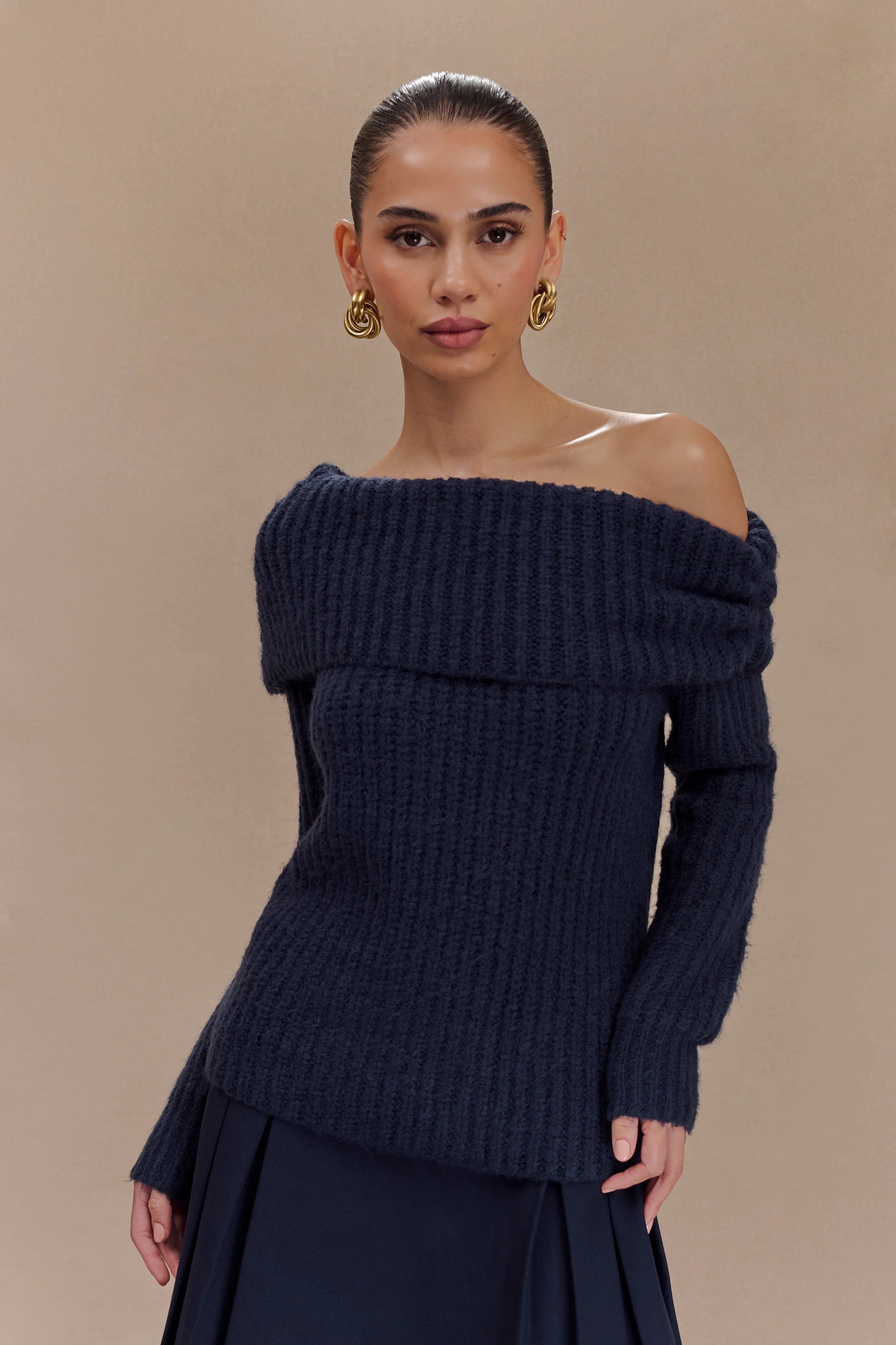Alicia Off Shoulder Knit Top - Dark Navy | MESHKI US