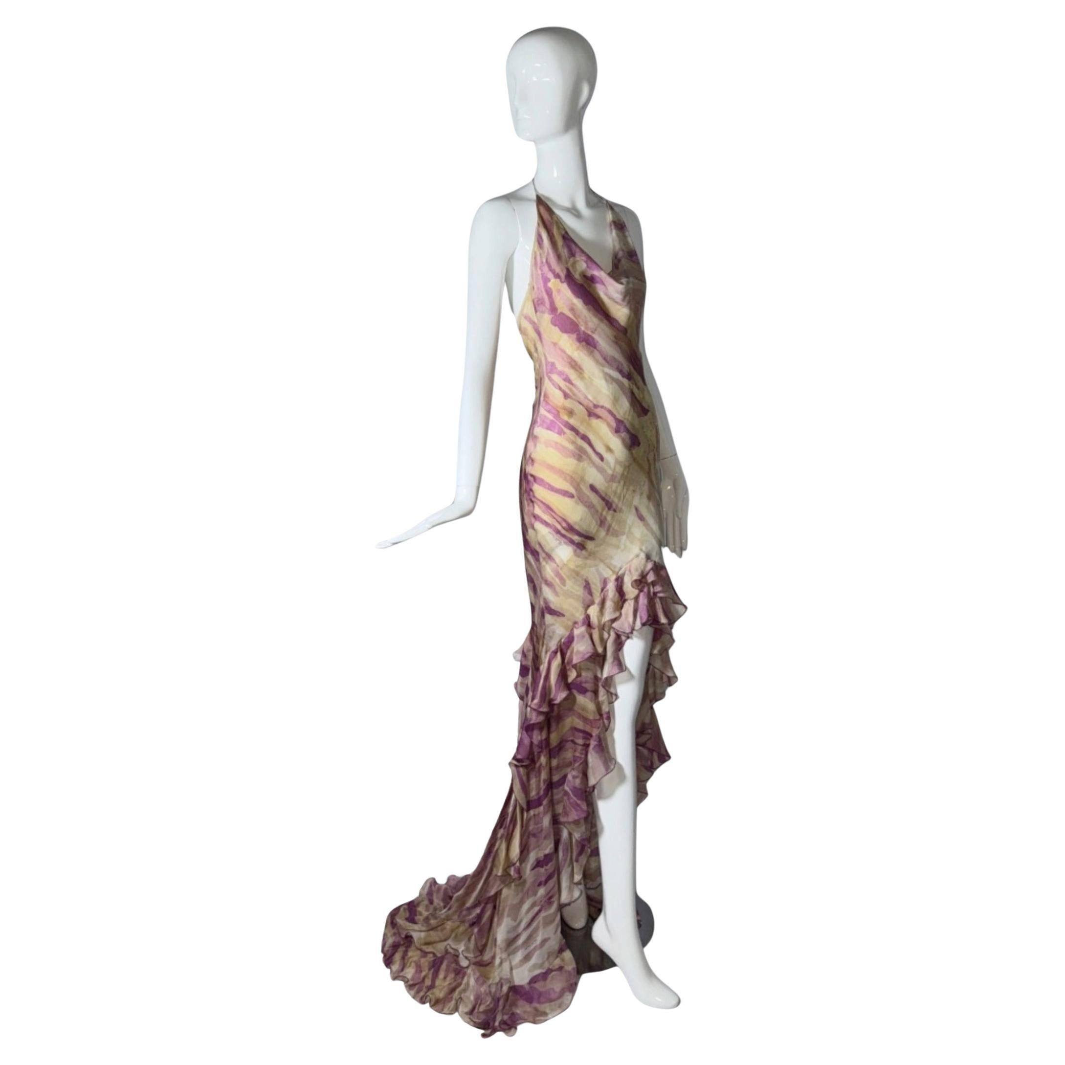 Roberto Cavalli Silk Halter-Neck Evening Dress Gown With Train, S/S 2005/2004 | 1stDibs