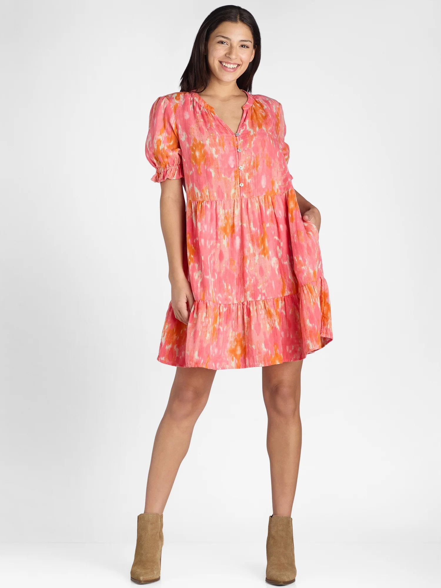 Time and Tru Women’s Cotton Tiered Mini Dress with Short Sleeves, Sizes XS-XXXL | Walmart (US)