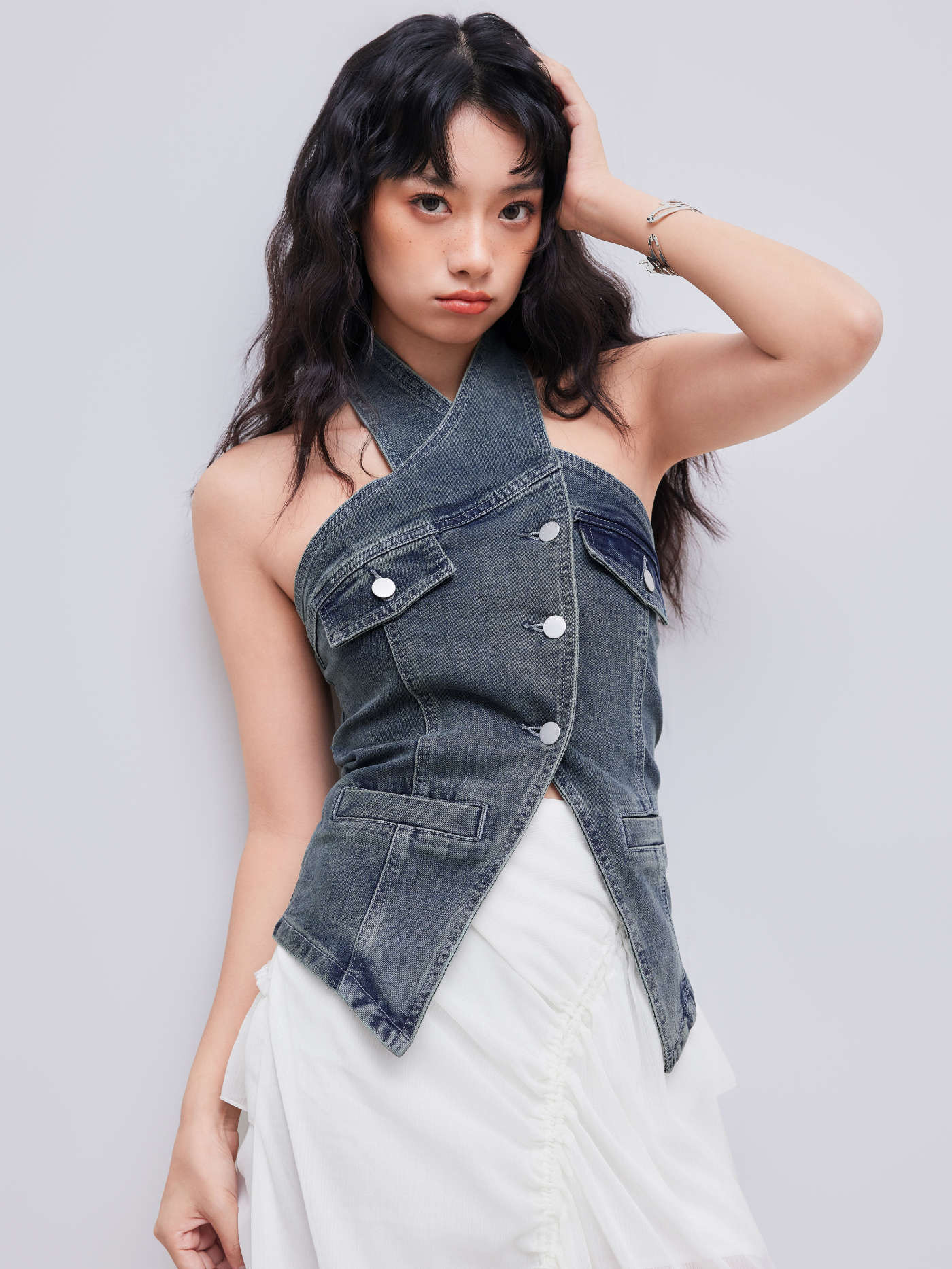 Denim Halter Criss Cross Belted Button Crop Top | Cider