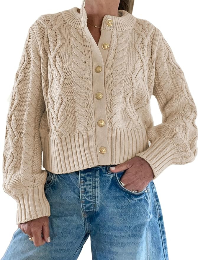 Watashi Women Sweater Casual Button Down Cable Knit Long Sleeve Cardigan Crewneck Lightweight Kni... | Amazon (US)