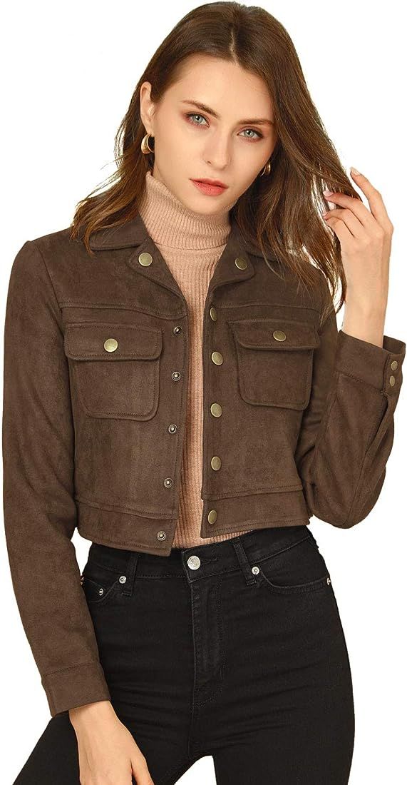 Allegra K Women's Faux Suede Jacket Button Down Collar Pockets Crop Moto Biker Coat | Amazon (US)