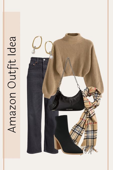 Amazon winter outfit idea! Brown puff sleeve sweater, black high waisted jeans, plaid scarf, black crossbody purse, black boots. And gold hoop earrings 

#LTKshoecrush #LTKitbag #LTKstyletip