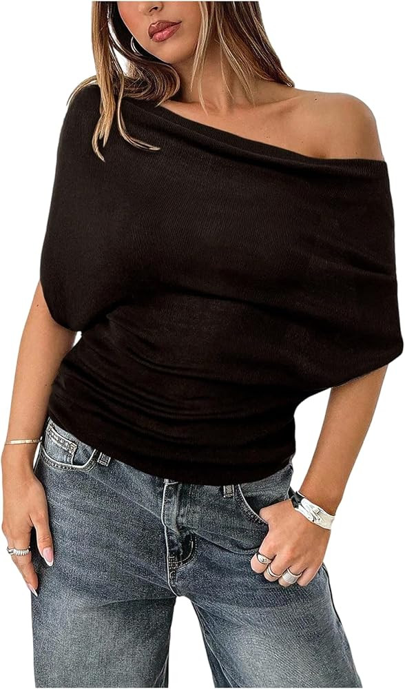 SHENHE Women's Off The Shoulder Sweater Short Sleeve Loose Fit Dressy Bat Wing Sweater Pullover | Amazon (US)