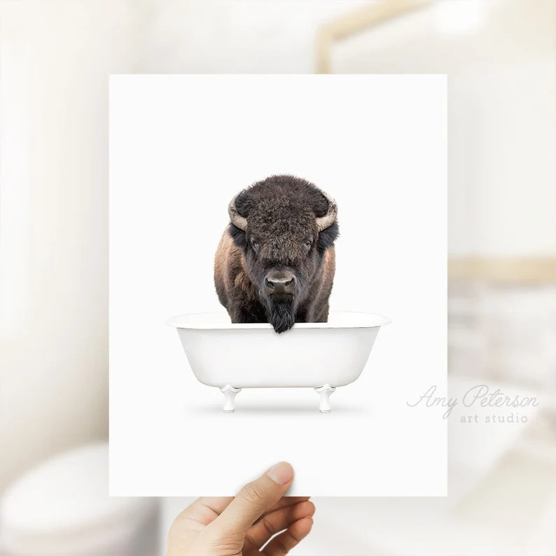 Bison Bathtub Buffalo Taking a Bath Bathroom Art Bison | Etsy | Etsy (US)