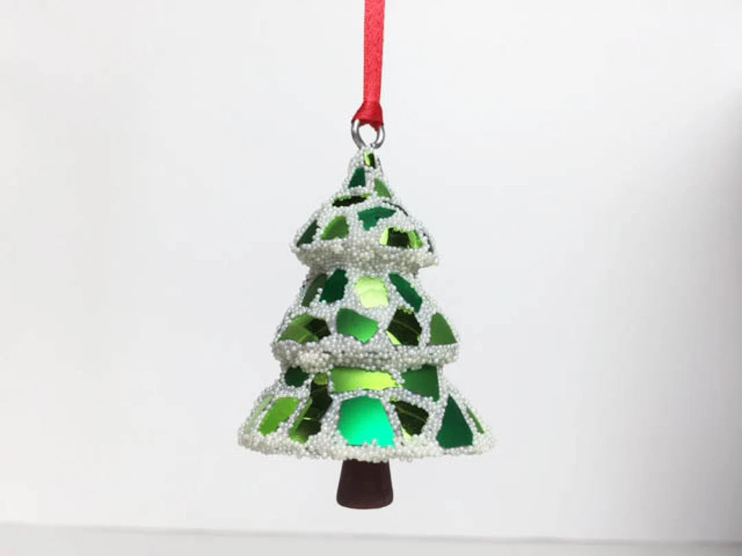 Mosaic Snowy Christmas Tree Broken Glass White Microbeads Holiday Decor Snow Winter Home Deck the... | Etsy (US)