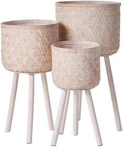 Bloomingville Set of 3 Round Bamboo Floor Baskets with Wood Legs, Brown | Amazon (US)