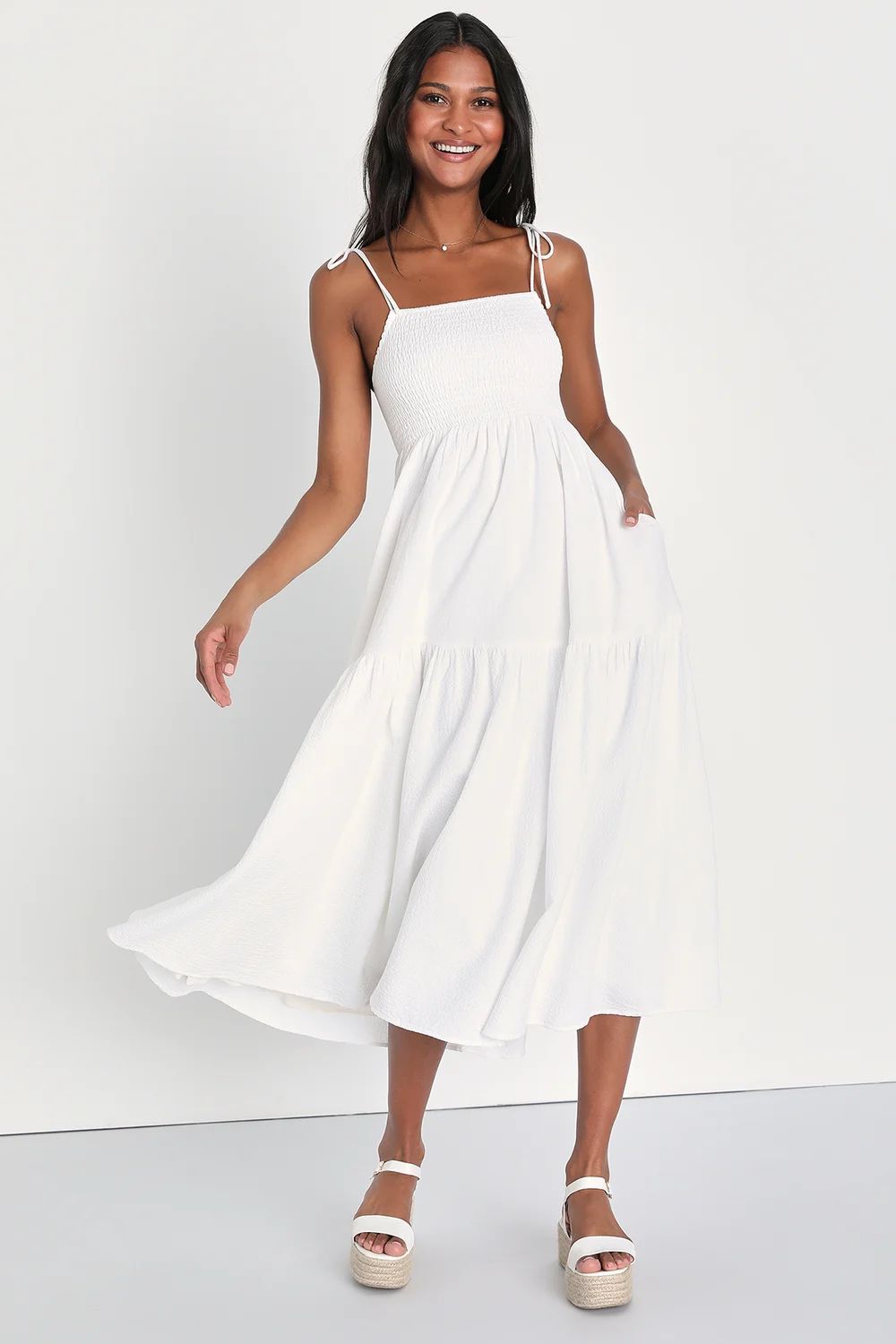 Effortlessly Simple White Tie-Strap Midi Dress With Pockets | Lulus (US)