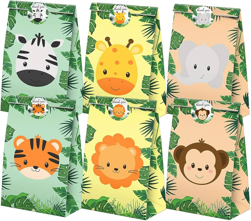 Safari Goodie Bags-24 Pcs Jungle Party Favors Candy Bags with Stickers, Jungle Goody Gift Treat B... | Amazon (US)
