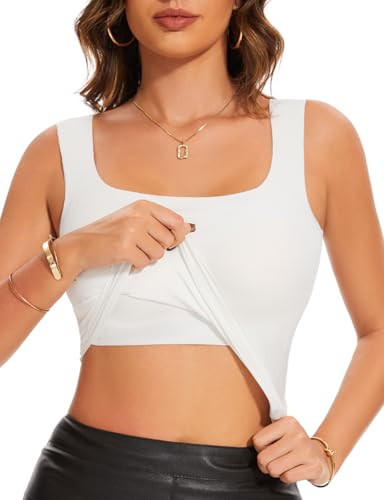 Upushall Women's White Cropped Tops with Built in Bras Square Neck Seamless Sleeveless Tank Top,S | Amazon (US)