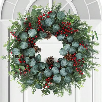 Spring Wreaths for Front Door, Boxwood Wreaths with Pine Cones Leaves Berries Eucalyptus Indoor Outdoor Wedding Decorations Home Decor Green standard | Target