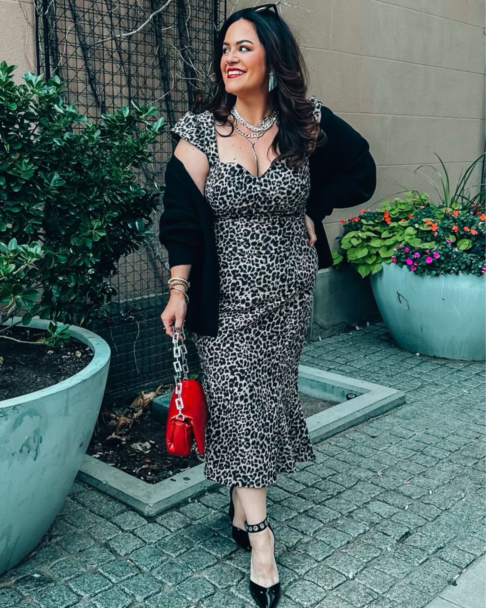 Midsize Fall Wedding Guest Dress | cocktail dress | leopard dress size XL | fall dresses | rivet heels | red handbag | Spanx smoothing undies | kissproof red lipstick 

#LTKSeasonal #LTKparties #LTKmidsize