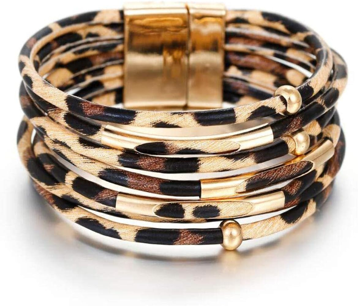 Fesciory Leather Wrap Bracelets for Women, Boho Leopard Multi-Layer Crystal Beads Cuff Bracelet J... | Amazon (US)