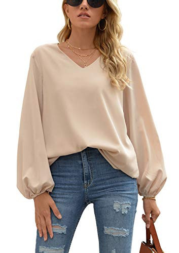 WANGZHI Long Sleeve Blouse for Women Casual Khaki Long Balloon Sleeve Top Boho V Neck Business Dress Shirt for Women | Amazon (US)