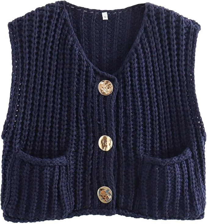 Women Sleeveless Crochet Chunky Knit Cardigan Vest Casual Cropped Button Down Sweater Vest with P... | Amazon (US)