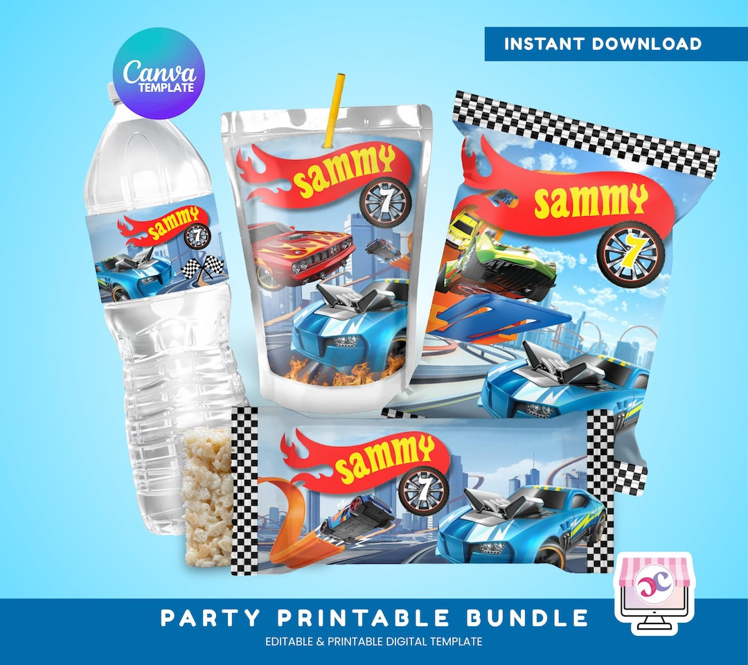 Editable Racing Hot Wheels Party Printables, Chip Bags, water and juice labels, Rice Krispies Fav... | Etsy (US)