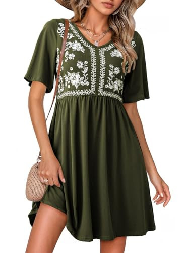 Dokotoo Womens Dresses Summer Casual V Neck Boho Floral Print Short Sleeve Babydoll Mini Dress A ... | Amazon (US)