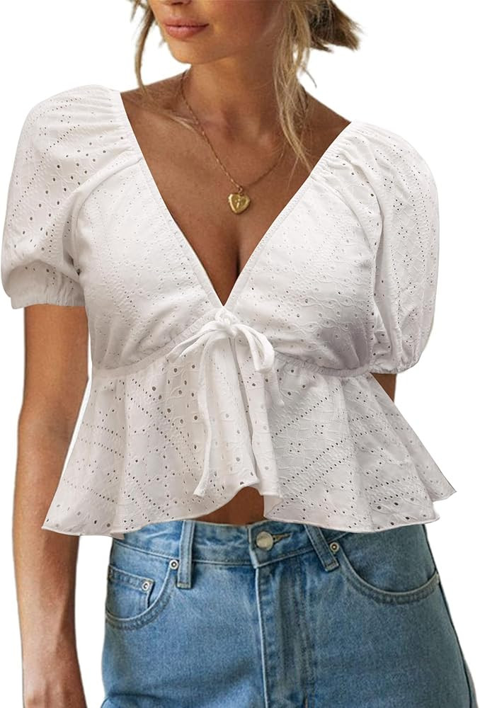 Remidoo Women's Puff Short Sleeve Tie Back V Neck Ruffle Hem Peplum Crop Tops | Amazon (US)