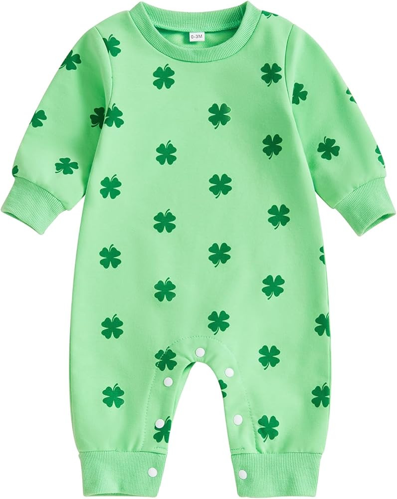 Muasaaluxi Newborn Baby Girl Boy St Patricks Day Outfit Four Leaf Clover Romper Long Sleeve Bodys... | Amazon (US)