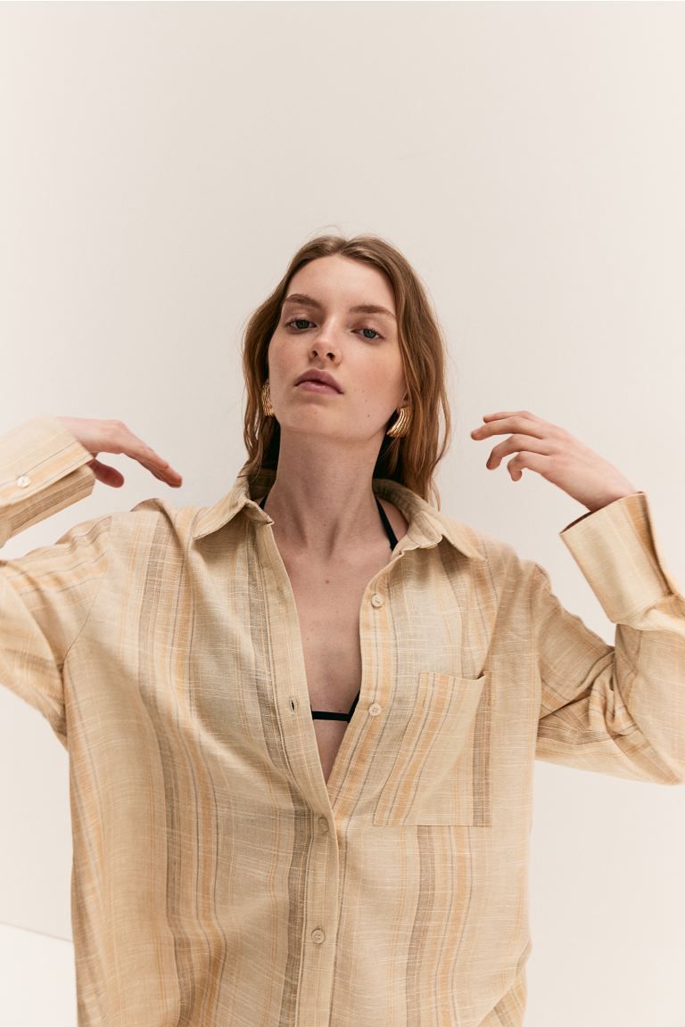 Linen-blend shirt - Beige/Striped - Ladies | H&M GB | H&M (UK, MY, IN, SG, PH, TW, HK)
