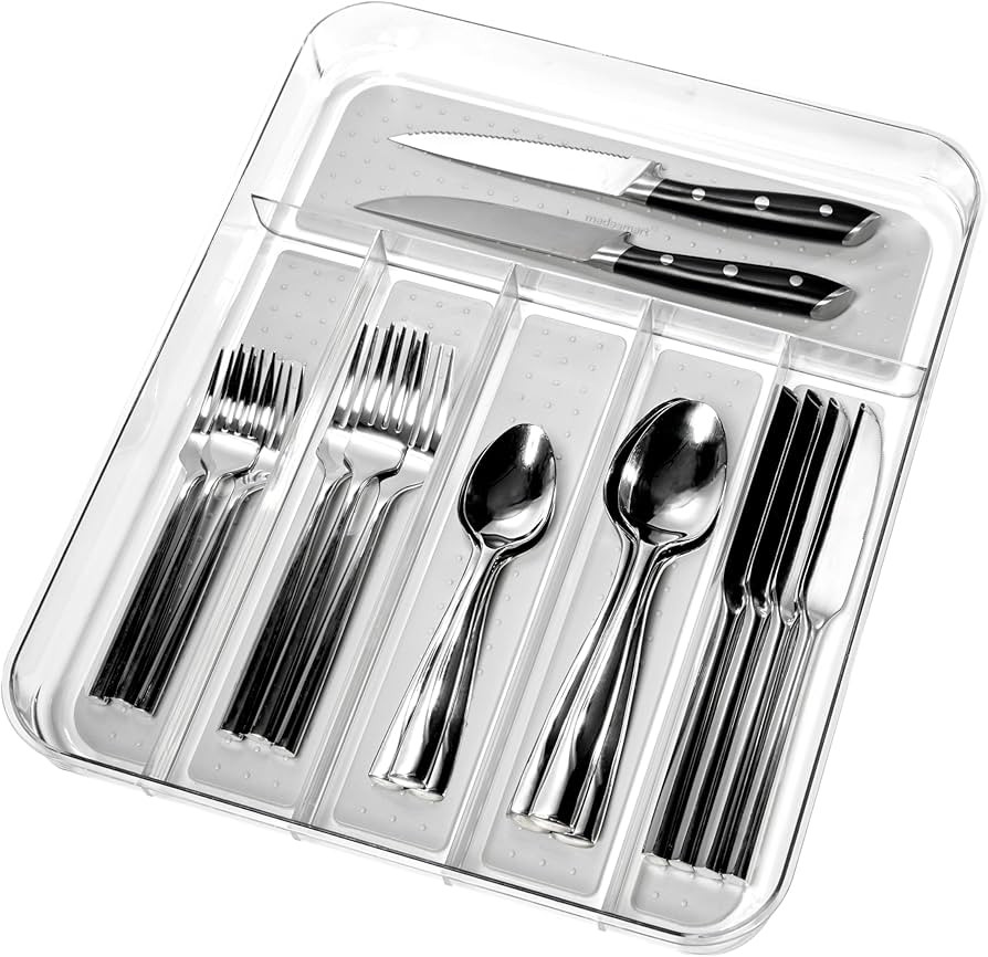 madesmart Silverware Tray - Large | Light Grey | Clear Soft Grip Collection | 6-compartment | Sof... | Amazon (US)