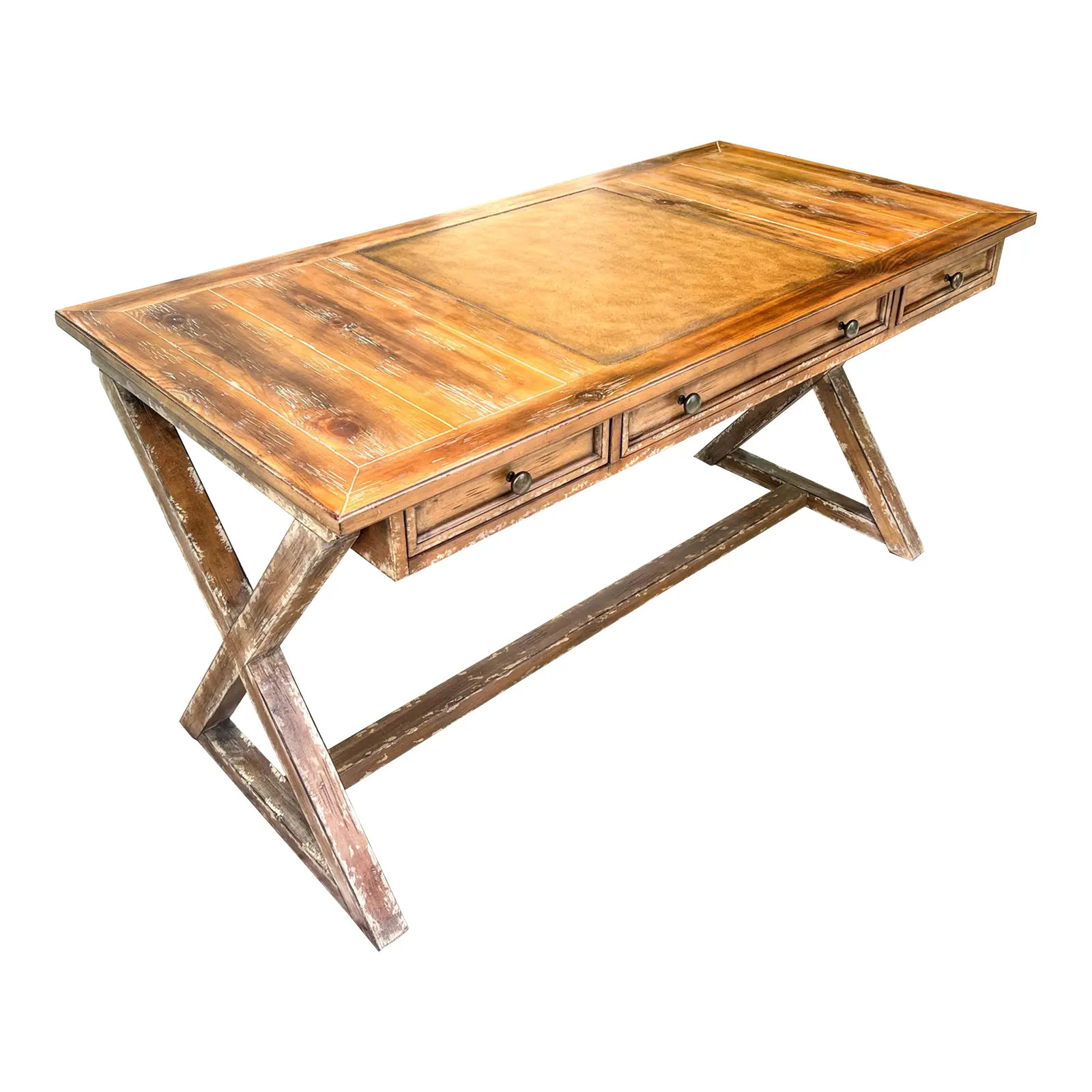 Hooker Melange Bennett X-Base Writing Desk With Distressed Pine & Tooled Leather | Chairish