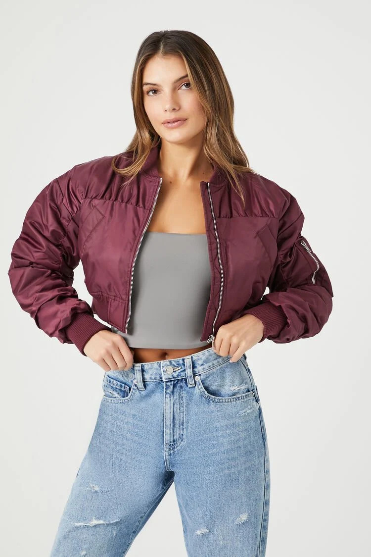 Women's Ruched-Sleeve Cropped Bomber Jacket in Burgundy Small | Forever 21