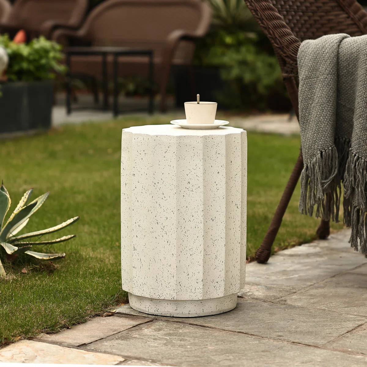 Digrazia 18" H Cement Round Outdoor Patio Table, Modern Fluted Garden End Table | Wayfair North America