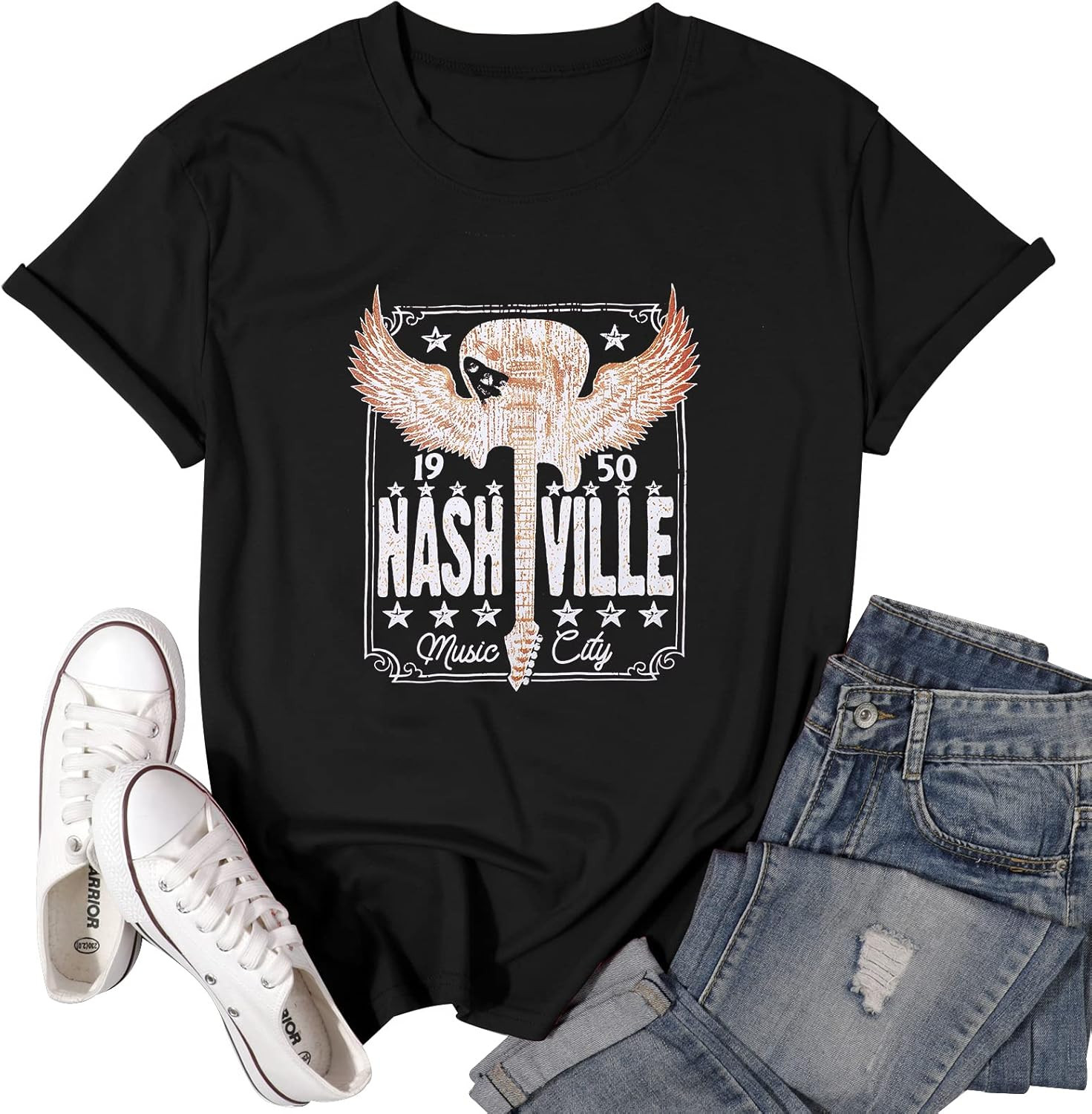 MOUSYA Women Nashville Music City Shirt Distressed Guitar Wings Graphic Tee Rocker T Shirt Vintag... | Amazon (US)