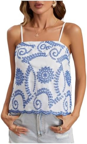 Milumia Women's Boho Floral Eyelet Cami Top Spaghetti Strap Sleeveless Vacation Summer Tops | Amazon (US)