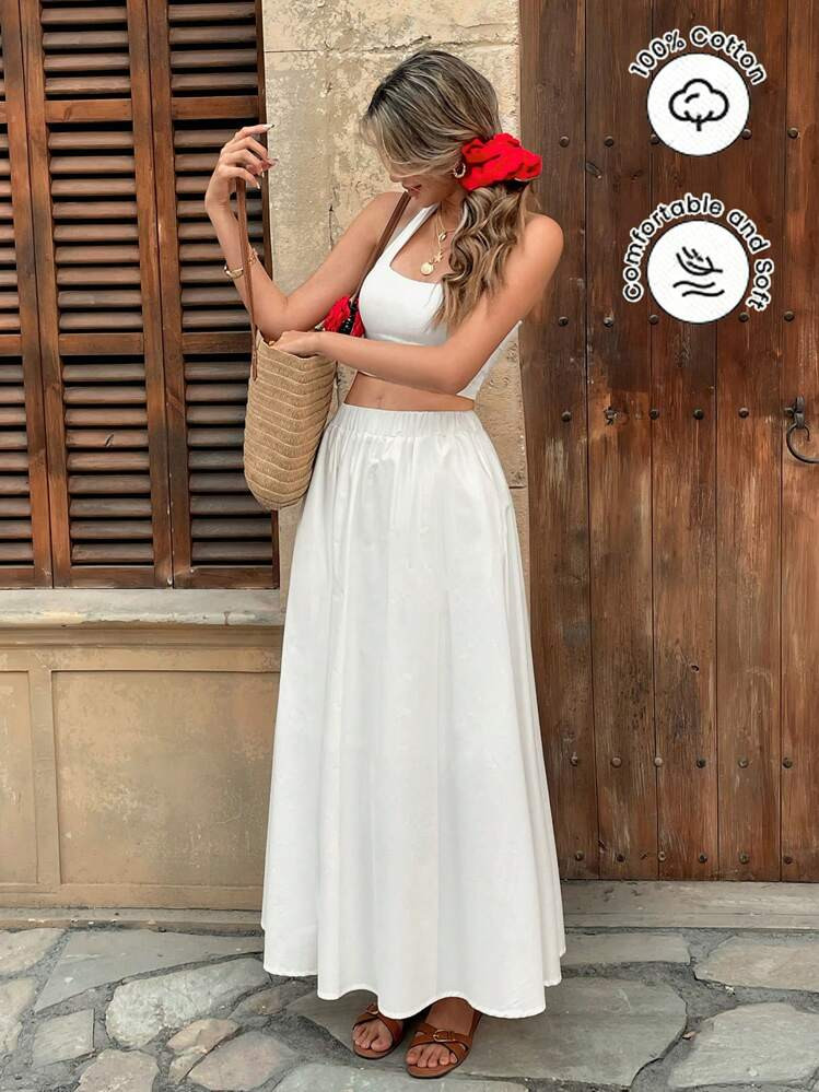 Pariaura Elastic Waist High Waist Solid Color Skater Skirt, Versatile & Slimming A-Line Skirt | SHEIN