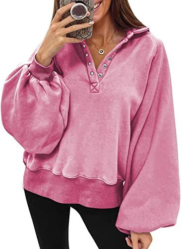 Dokotoo Womens Ladies Winter Sweatshirts for Women Plus Size Comfy Button Collar Crewneck Oversized Long Sleeve Lantern Sleeve cropped Pullovers Casual Loose Fit 2023 Fall Tops Shirts Pink XXL | Amazon (US)