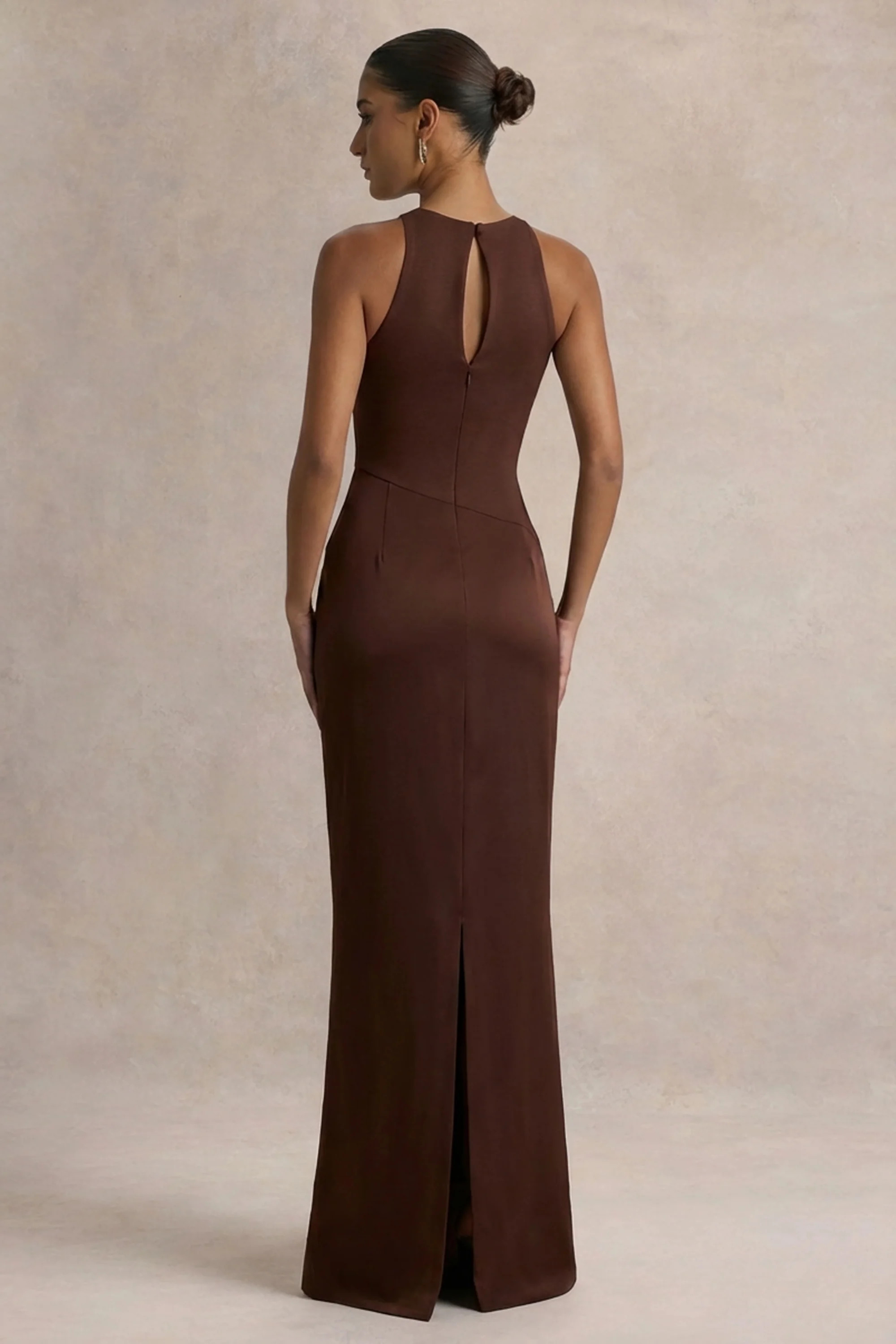 Akari | Brown Crew-Neck Maxi Dress With Satin Skirt | Club L London