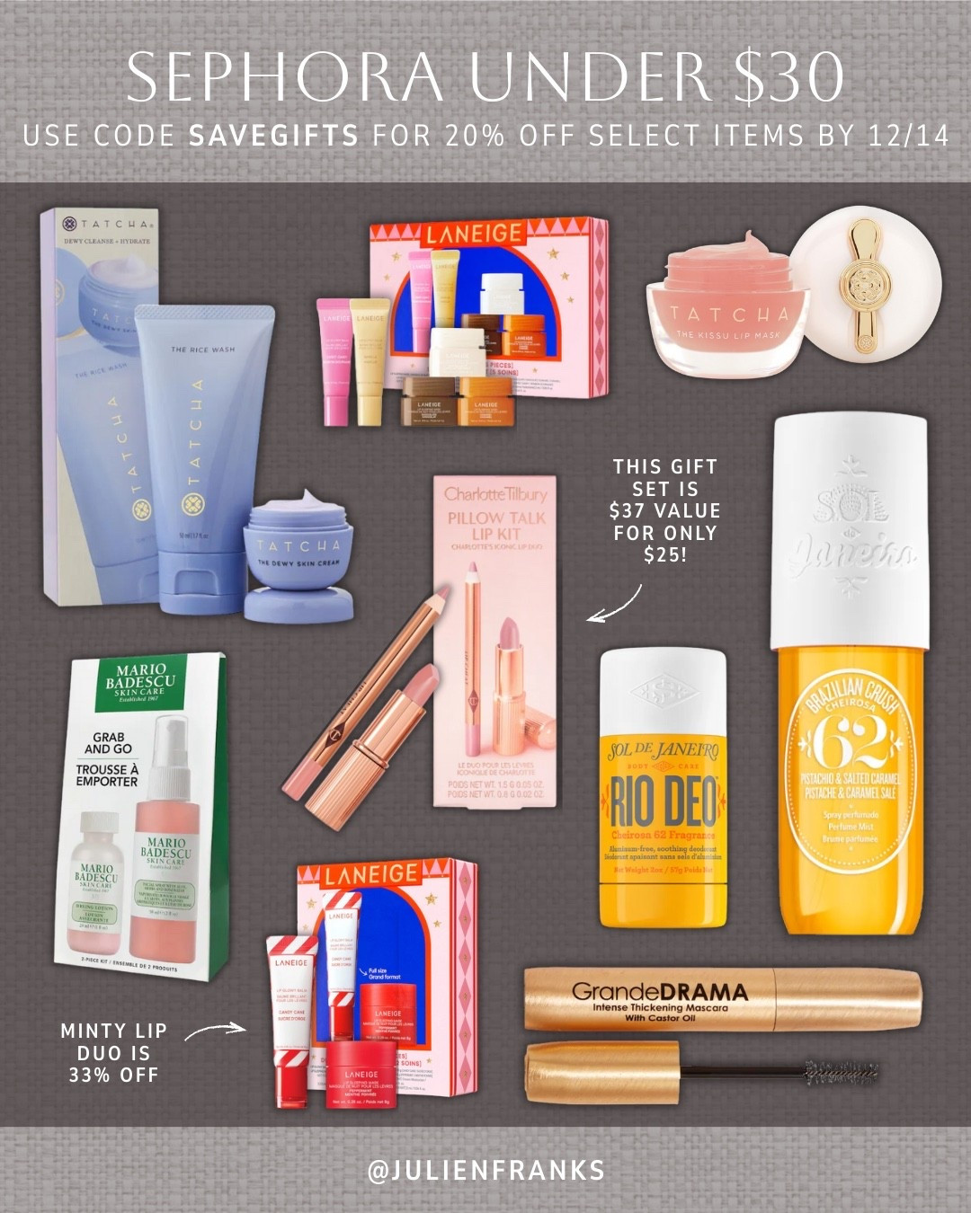 Sephora finds under $30 🤩🤍 So many good beauty essentials, and the cutest gift sets for any beauty lover on your list! Use code SAVEGIFTS by 12/14 for 20% off select items!

#sephorafinds #sephorasale #giftideas #beautyessentials #tatcha #soldejaneiro #laneige #lipcombo #giftsets

#LTKSaleAlert #LTKGiftGuide #LTKBeauty