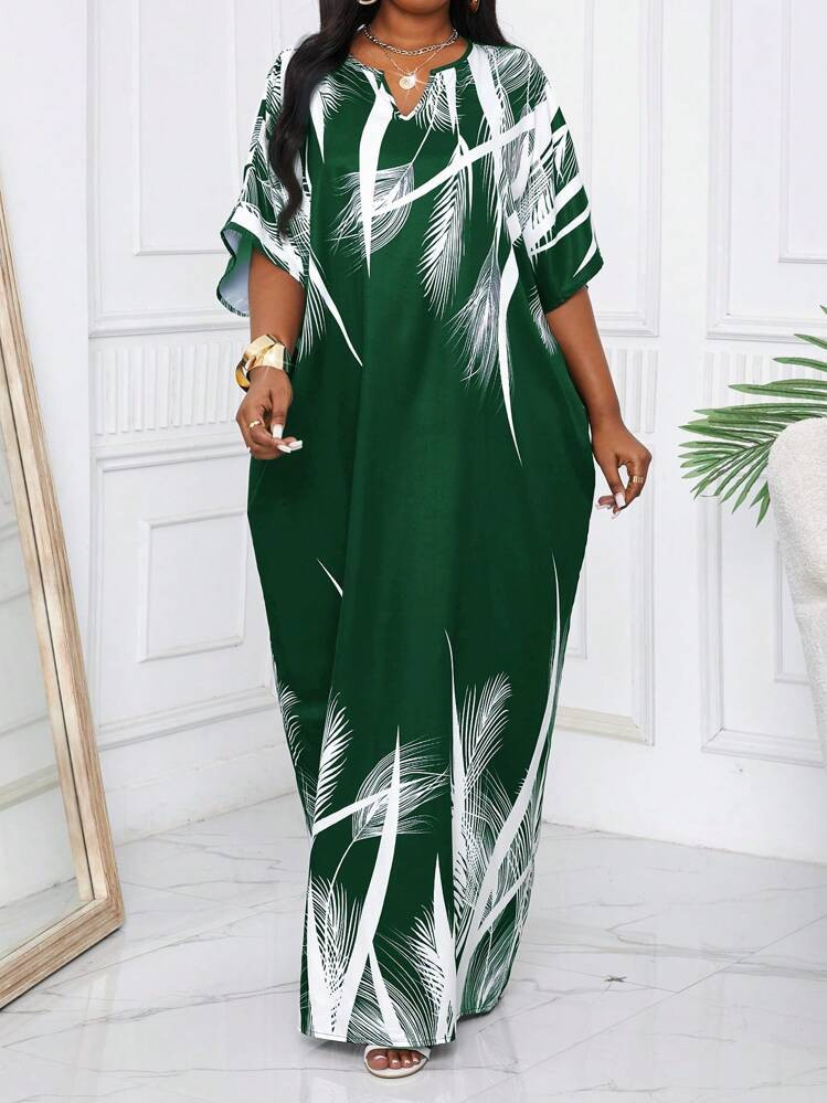 SHEIN Lady Spring And Summer Autumn And Winter Elegant Navy Blue Woven Notched Kaftan Dress Plus ... | SHEIN