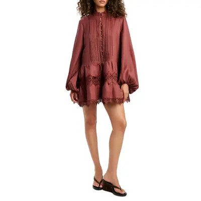 Bardot Antonia Lace Trim Long Sleeve Linen Minidress in Chestnut at Nordstrom, Size 8 | Nordstrom