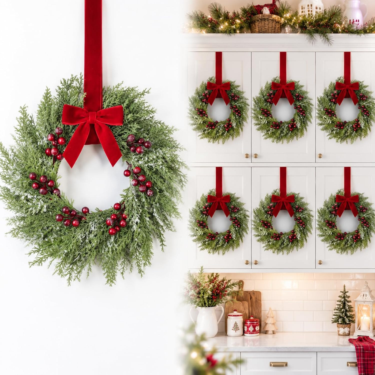 Barydat 6 Pcs 15" Mini Christmas Wreaths for Kitchen Cabinet with Long Bow | Amazon (US)