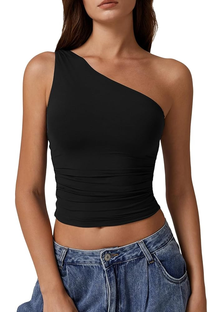 QINSEN Women's One Shoulder Tank Tops Double Lined Sleeveless Slim Fit Cropped Tee Shirt Y2k Tops | Amazon (US)