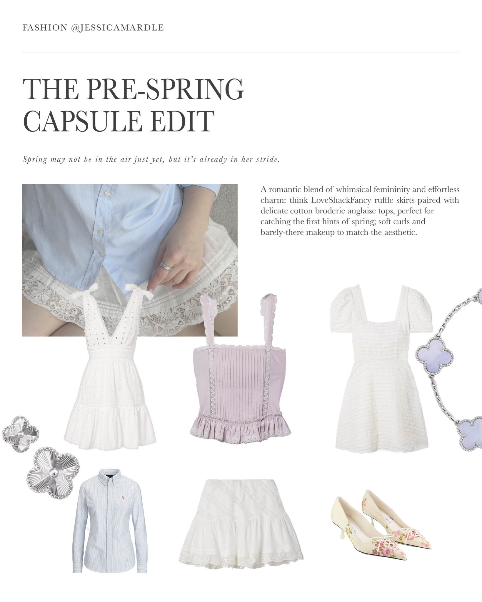 A romantic blend of whimsical femininity and effortless charm: think LoveShackFancy ruffle skirts paired with delicate cotton broderie anglaise tops, perfect for catching the first hints of spring; soft curls and barely-there makeup to match the aesthetic🤍🌸🫐

#LTKstyletip #LTKeurope #LTKluxury