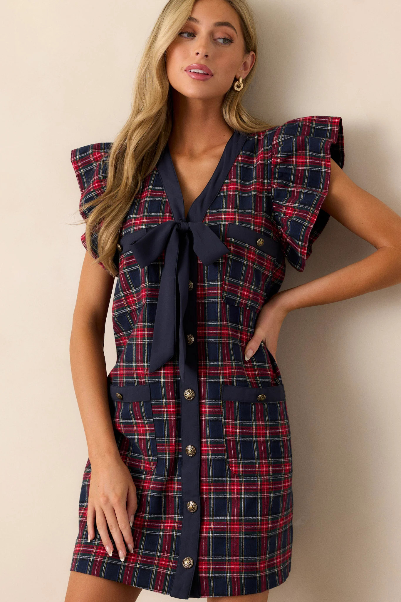 Now I Know 100% Cotton Navy Plaid Mini Dress | Red Dress